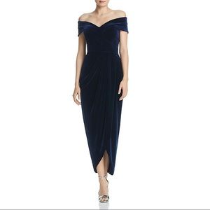 Aqua Off-The-Shoulder Velvet Gown Navy Blue Dress